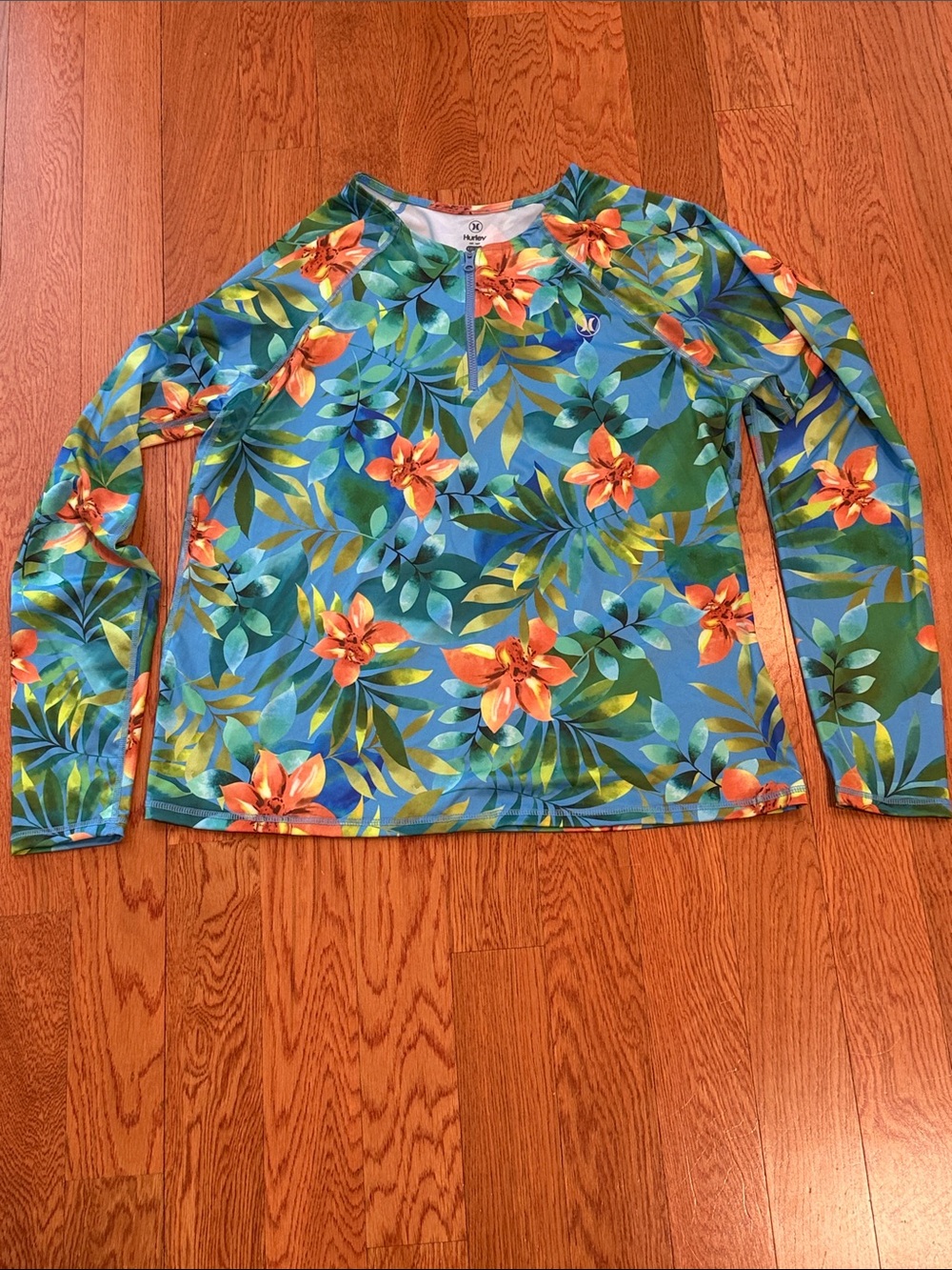 Tropical Floral Long Sleeve Swim Top - Blue & Green with Orange Flowers